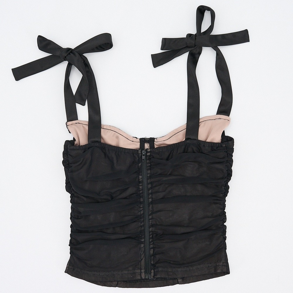 BriDGE Black Ruched Mesh Bustier Crop Top Satin Bow Straps